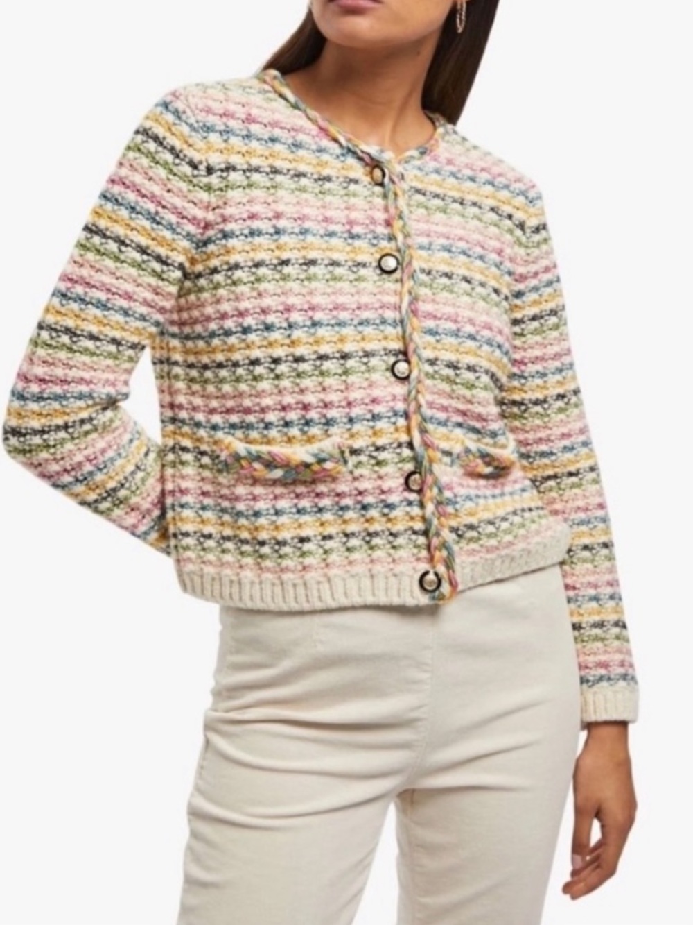 Ba&sh Womens Bianca Lady Cardigan Sweater 3/L $420 Colorful Striped Wool Italy 8